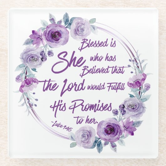 ルカ1:45賛美は彼女の紫のフローラ ガラスコースター (正面)