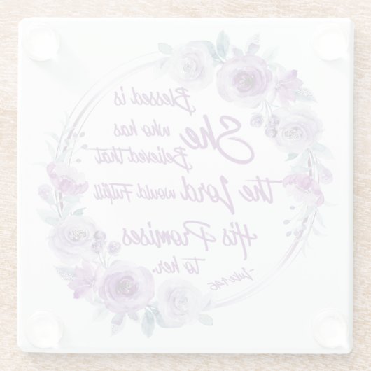 ルカ1:45賛美は彼女の紫のフローラ ガラスコースター (裏面)