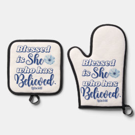 ルカ1:45賛美は誰が青い花を持つ 鍋つかみ&鍋敷きセット