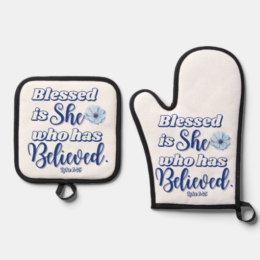 ルカ1:45賛美は誰が青い花を持つ 鍋つかみ&鍋敷きセット (正面)