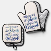 ルカ1:45賛美は誰が青い花を持つ 鍋つかみ&鍋敷きセット (正面/裏面)