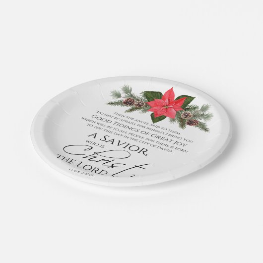 ルカ2:10-11ポインセチア・クリスマス・聖なる書物、 経典 ペーパープレート (アングル)