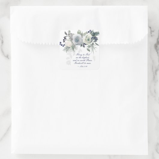 ルカ2:14 "神への栄光"ホワイトローズクリスマス スクエアシール (バッグ)