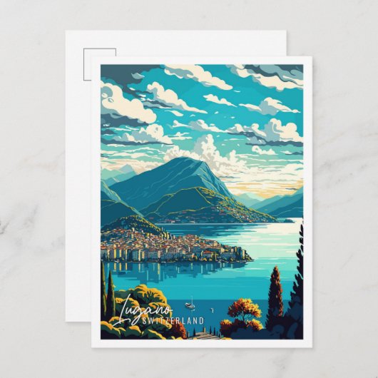 ルガノスイスアートヴィンテージ旅行イラストレーション ポストカード (正面/裏面)