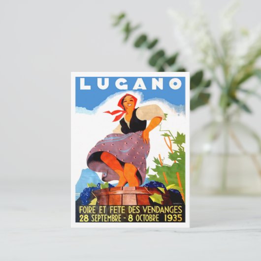 ルガノ,イタリア,女の子はワインを作っている,ヴィンテージ ポストカード (スタンド正面)