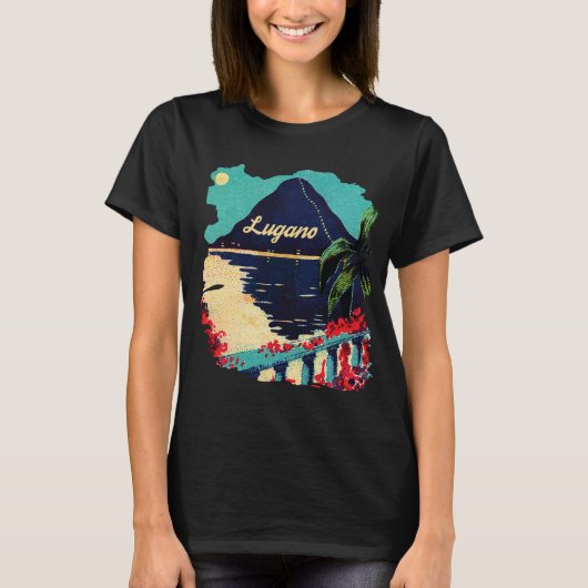 ルガーノ スイス 湖 山 青い 旅行 Tシャツ (正面)