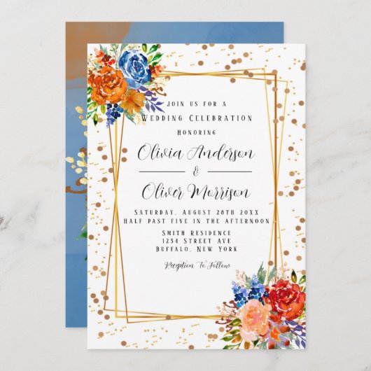 ルクスグリッターブルーオレンジウォーターカラーフローラ結婚ズ 招待状 (正面/裏面)