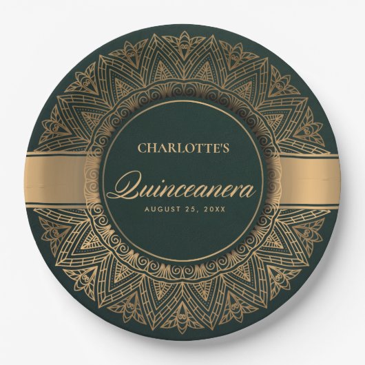 ルクスグリーンクラシック金ゴールド華美マンダラキンセアニェラ ペーパープレート (正面)