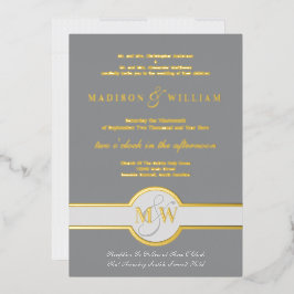 ルクスモノグラムモダン結婚ズグレーと金ゴールド 箔招待状