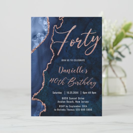 ルクセアゲートサファイアブルーバラ金ゴールド40歳誕生日 招待状 (スタンド正面)