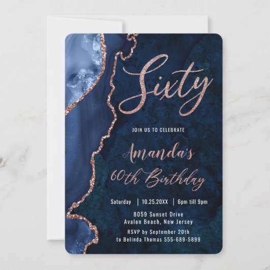 ルクセアゲートサファイアブルーバラ金ゴールド60th誕生日 招待状 (正面)