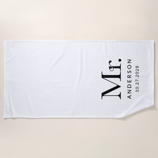 ルクセエレガンスブラック&ホワイトミスター結婚ズのデート ビーチタオル (正面)