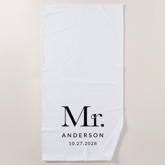 ルクセエレガンスブラック&ホワイトミスター結婚ズのデート ビーチタオル (正面)