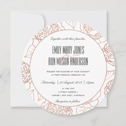 ルクセエレガント赤面ピンクローズ金ゴールド結婚フローラ 招待状 (正面)