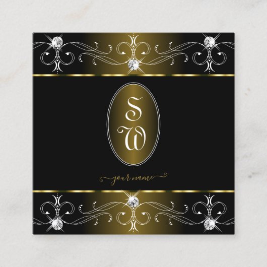 ルクセグラム金ゴールド&ブラック華美オーナメントモノグラム スクエア名刺 (正面)