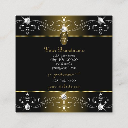 ルクセグラム金ゴールド&ブラック華美オーナメントモノグラム スクエア名刺 (裏面)