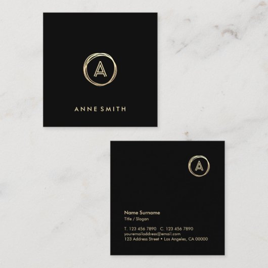 ルクセシック金ゴールドサークルモモダンノグラムブラック スクエア名刺 (正面/裏面)