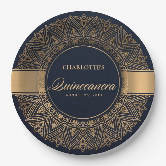 ルクセネイビークラシック金ゴールド華美マンダラキンセアニェラ ペーパープレート (正面)