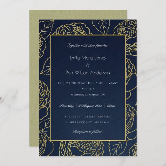 ルクセネイビー金ゴールドクラフトエレガントバラ結婚フローラ 招待状 (正面/裏面)