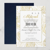 ルクセネイビー金ゴールドバラフローラこうもりバー(ユダヤ教の)バル・ミツバー招待状 サンキューカード (正面/裏面)