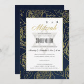 ルクセネイビー金ゴールドバラフローラこうもりバー（ユダヤ教の）バル・ミツバー招待状 サンキューカード (正面/裏面)