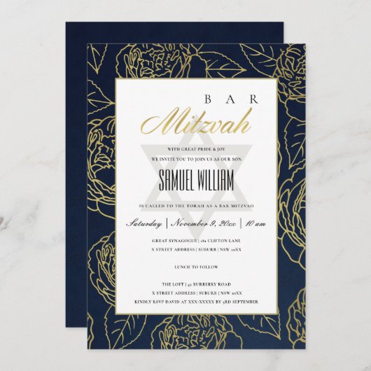 ルクセネイビー金ゴールドバラフローラこうもりバー(ユダヤ教の)バル・ミツバー招待状 サンキューカード (正面/裏面)