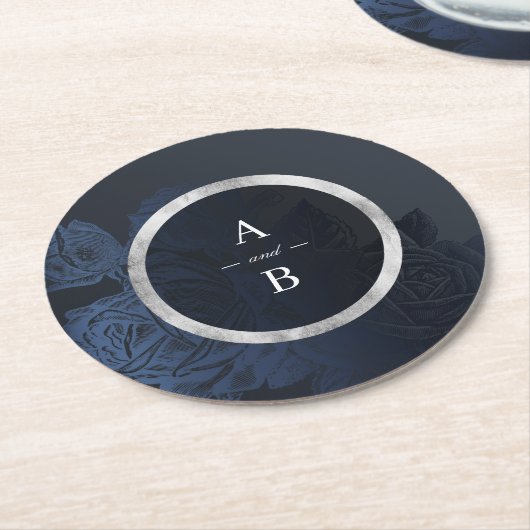 ルクセバラネイビーヴィンテージ結婚植物学モノグラム ラウンドペーパーコースター (アングル)
