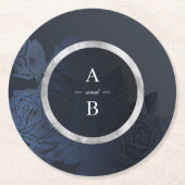 ルクセバラネイビーヴィンテージ結婚植物学モノグラム ラウンドペーパーコースター (正面)