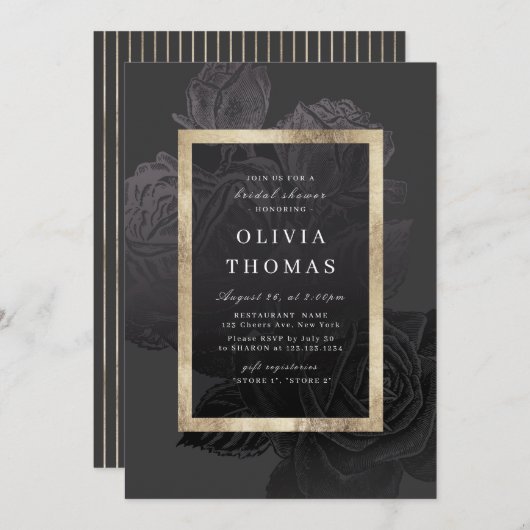ルクセバラブラックヴィンテージ植物学ブライダルシャワー 招待状 (正面/裏面)