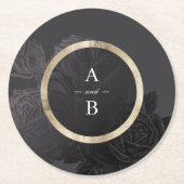 ルクセバラブラックヴィンテージ結婚ボタニカルモノグラム ラウンドペーパーコースター (正面)