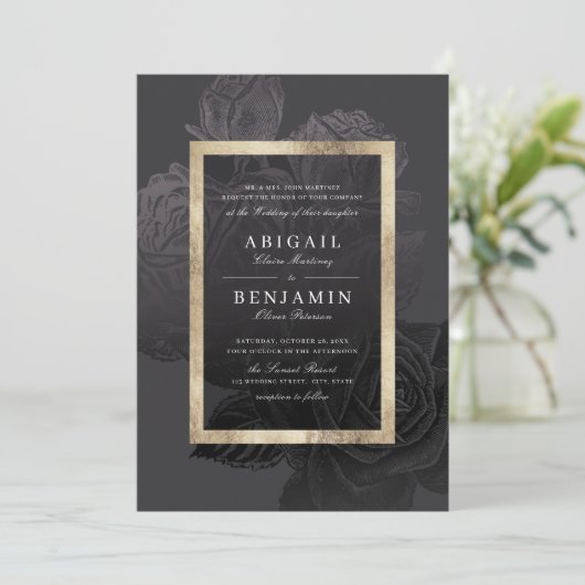 ルクセバラブラック金ゴールドヴィンテージ結婚植物学 招待状 (スタンド正面)