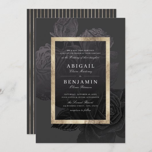 ルクセバラブラック金ゴールドヴィンテージ結婚植物学 招待状 (正面/裏面)