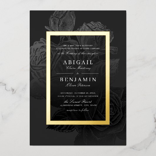 ルクセバラブラック金ゴールドヴィンテージ結婚植物学 箔招待状 (正面)