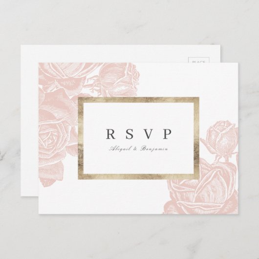ルクセバラ赤面金ゴールドヴィンテージウェディングRSVP インビテーションポストカード (正面/裏面)