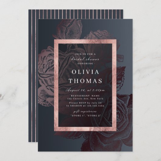 ルクセバラ金ゴールドヴィンテージ植物学ブライダルシャワー 招待状 (正面/裏面)