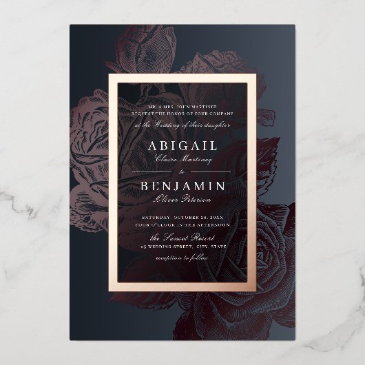 ルクセバラ金ゴールドヴィンテージ植物性結婚フローラ 箔招待状 (正面)