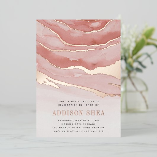 ルクセピンクマーブル卒業パーティー 箔招待状 (立ち正面)