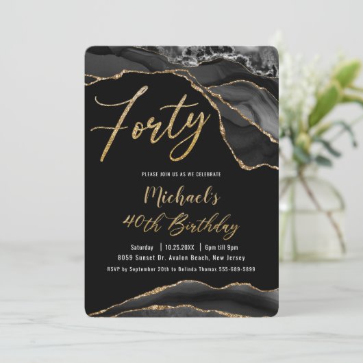 ルクセブラックアガテマーブル金ゴールドグリッター40th誕生日 招待状 (スタンド正面)