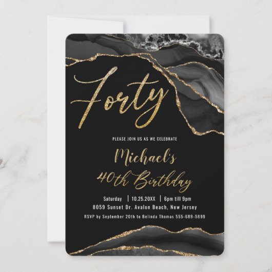 ルクセブラックアガテマーブル金ゴールドグリッター40th誕生日 招待状 (正面)