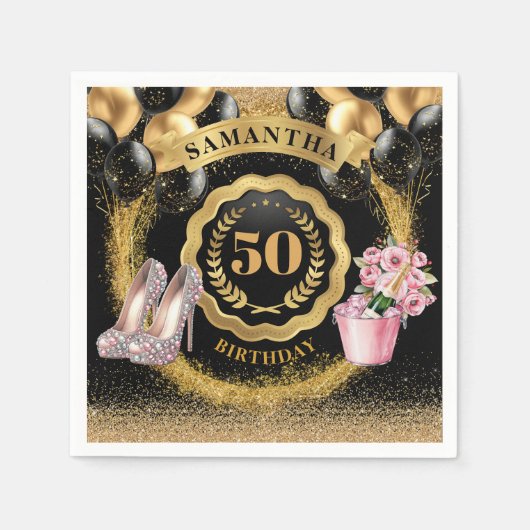 ルクセブラックバルーンナプキンズと金ゴールドグリッターアート スタンダードカクテルナプキン (正面)