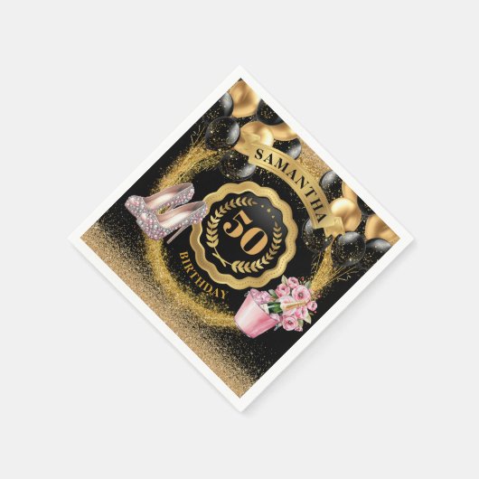 ルクセブラックバルーンナプキンズと金ゴールドグリッターアート スタンダードカクテルナプキン (角)