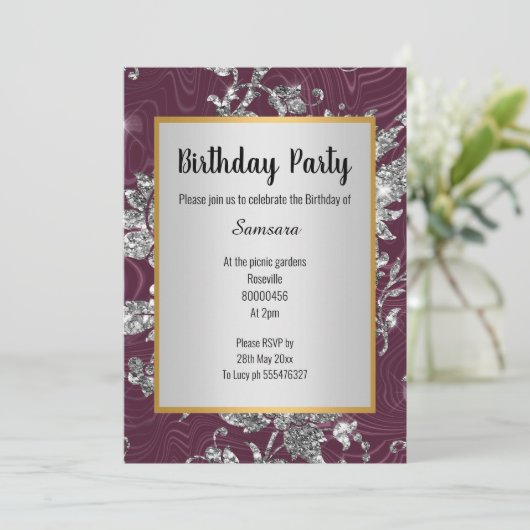ルクセブルガンディシルバー金ゴールド誕生日招待状 招待状 (スタンド正面)