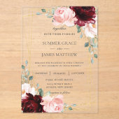 ルクセブルゴーニュ赤面ピンクローズフローラ結婚ズ アクリル招待状 (正面)