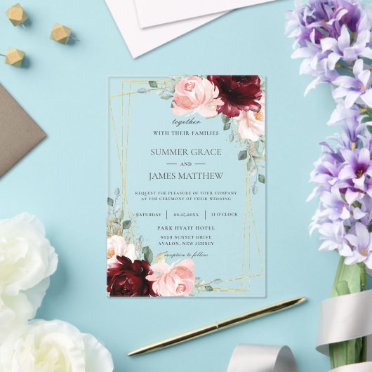 ルクセブルゴーニュ赤面ピンクローズフローラ結婚ズ アクリル招待状 (インサイチュ (ウェディング))