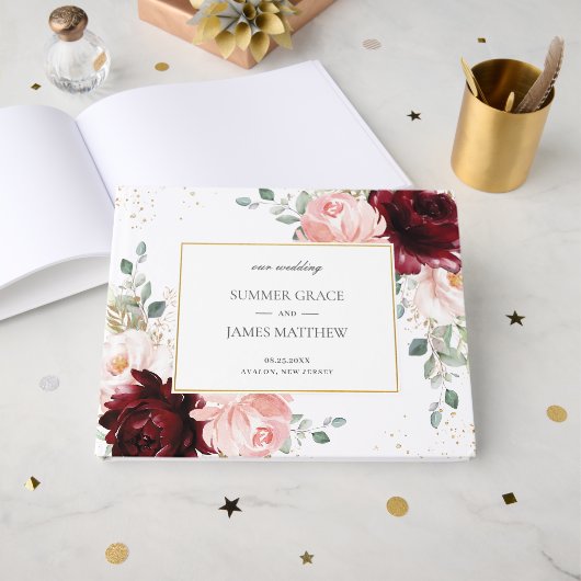 ルクセブルゴーニュ赤面ピンクローズフローラ結婚ズ ゲストブック (正面見開き)