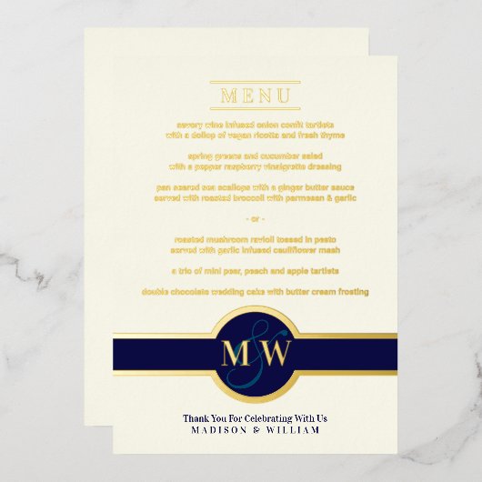 ルクセモノグラムモダンメエレガントニュー海軍バラ金ゴールド 箔招待状 (正面/裏面)