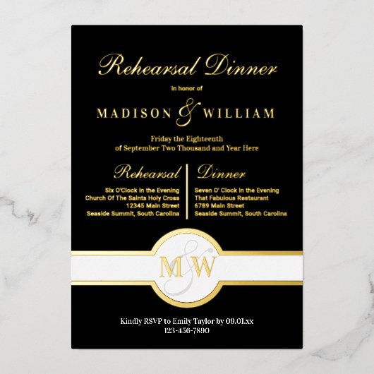 ルクセモノグラムリハーサルディナーブラックアンド金ゴールド 箔招待状 (正面)