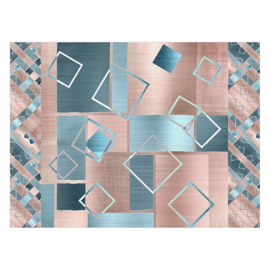 ルクセ抽象芸術 |赤面バラ金ゴールドとティール(緑がかった色)幾何学的 テーブルクロス (正面(横))