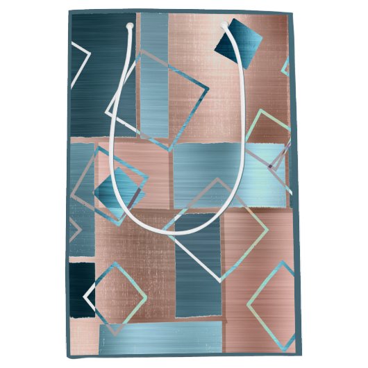 ルクセ抽象芸術 |赤面バラ金ゴールドとティール（緑がかった色）幾何学的 ミディアムペーパーバッグ (正面)