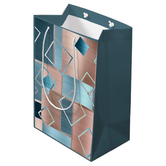 ルクセ抽象芸術 |赤面バラ金ゴールドとティール（緑がかった色）幾何学的 ミディアムペーパーバッグ (裏面アングル)